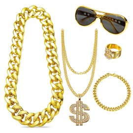 YIWONFU Men's 80s 90s Outfit, 5 Piece Costume Men's Set (Dollar Chain + Necklace + Rings + Bracelets + Sunglasses), Men's Hip Hop Costume for Carnival, Fancy Dress, Party, Cosplay