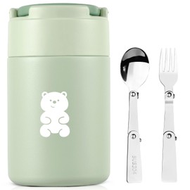 HOUSETEC Food Bottle, Insulated Lunch Box with Foldable Fork and Spoon, Leakproof Soup Bottle, Portable Wide Mouth Soup Containers for Outdoor, Indoor and Outdoor, 600ml, Green
