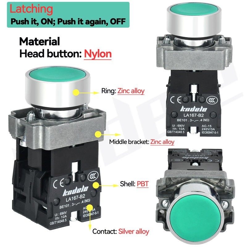 10 Amp 22MM Latching Push Button Switch Green 1NO 1NC