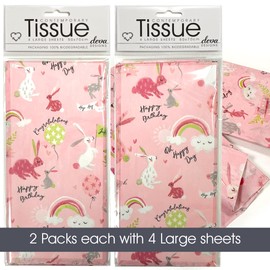 Tissue Birthday Bunny Pink | 2 Packs, Each with 4 Sheets Premium Quality Printed Tissue | in Biodegradable Packaging and Acid Free | Designed in The UK | 8 Sheets in Total 50x70cm