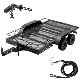 DashRC RC Trailer for Hauling Behind Car, RC 1/10 Metal Flatbed Trailer Builder Kit for Crawler TRX4 TRX6 SCX10 Gen7 Gen8 Models Upgrades, Hook Hitch Receiver Kinetic Winch Strap Included