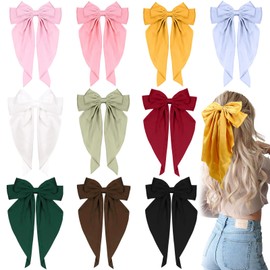 10 PCS Big Hair Bows for Women Girls,TOKUFAGU Large Hair Ribbon Bow Barrette Clips for Girls,Hair Bows with Long Tail Vintage French Hair Accessories for Women (10 Colors B)