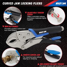Rizom Vice Grips Pliers Set, 6-Piece Locking Pliers Set, 6-1/2”, 9-1/2” Needle Nose Vice Grips, 5”, 7” and 10” Curved Jaw Vise Grip, 6” C-clamp Locking Pliers, Fast Release with Rolling Pouch