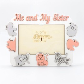 Me and My Sister Baby Hand Made Wooden Photo Frame Gift for Tabletop or Wall - Zoo (Peach)