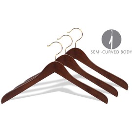 Concave Wooden Top Hanger with Walnut Finish, Thick Curved Coat Hangers with Brass Swivel Hook for Jackets or Fine Shirts (Set of 12) by The Great American Hanger Company
