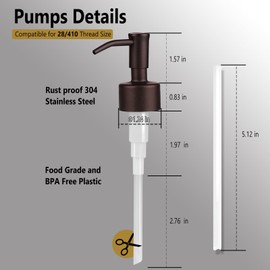 Amoliar Mason Jar Liquid Soap Dispenser Pump, Stainless Steel Replacement Pump for Dish Soap, Lotion, Hand Soap, Cute Farmhouse Decor, Refill Soap Pump, Bronze 2 Pack, Extra 1 Set Label, 2 Long Tube