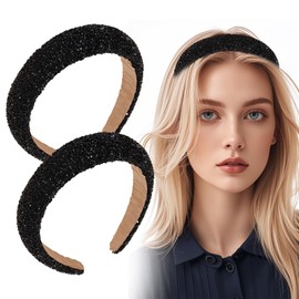 Ylinwtech Women's Hair Band Glitter Rhinestones, Pack of 2, Headbands, Glitter Effect, Thick Padded, Headband for Women, Girls, Birthday Gift, Party, Wedding, Bridal Hair Accessories (Black)