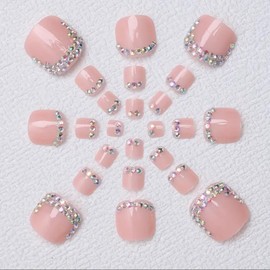 24 Pcs Pink Press on Toenails Short,YIHONGYAN Fake Toe Nails Press ons 3D Glitter Rhinestones French Toe Nail Tip Acrylic Kit Glue on Nails Full Cover False Toenails Glossy Stick on Toenails for Women