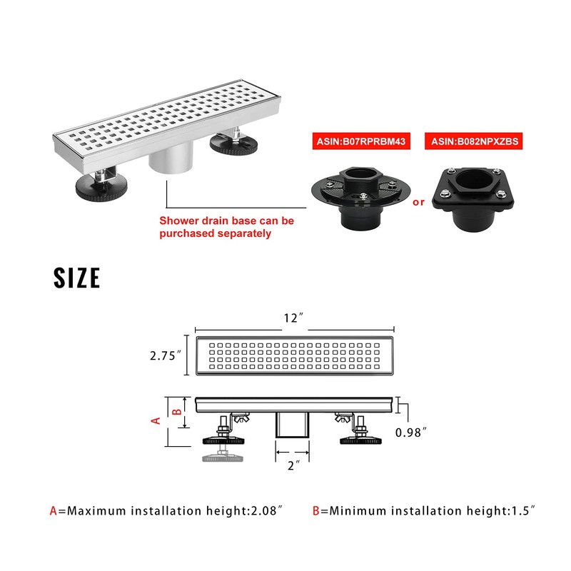 SaniteModar Linear Shower Drain 12 inch with Removable Square Hole