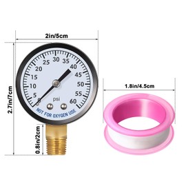 Pool Filter Pressure Gauge Spa Aquarium Water Pressure Gauge 2 Inch Dial, 60 PSI, 1/4 Inch NPT Bottom Mount, Pool Utility Pressure Gauge with Tape Compatible with Hayward, Pentair, Jandy