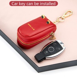 YEZILUU Car key case, Leather key cover wallet,Key fob case with zipper, Carabiner & key chain, Unisex leather key fob case (Red)