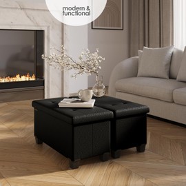 Storage Ottoman Bench with Bins, 30-in Storage Bench for Bedroom End of Bed, Folding Foot Rest Ottoman for Living Room Max 660lbs, Faux Leather Ottomans, Black