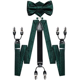 DiBanGu Suspenders and Bow ties for Men Formal 6 Clips Y-Shape Adjustable Suspenders Self Bow Tie Pocket Square Cufflinks Set, Emerald Green