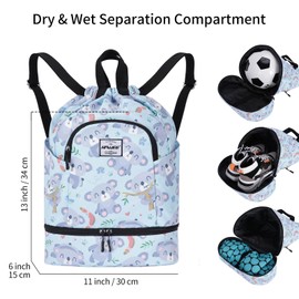HAWEE Dry Wet Drawstring Backpack with Shoe Compartment for Women/Men/Girls/Boys Waterproof Yoga String Bag Outdoor Sports Rucksack for Gym/ Beach/ Swim Pool, Koala