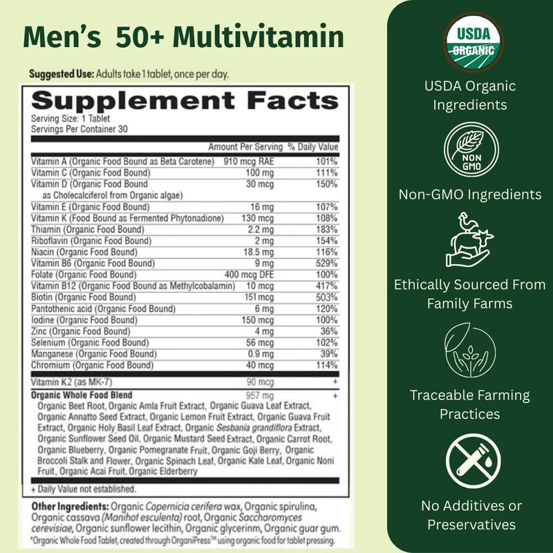 EarthFirst Organic Once Daily Multivitamin for Men 50+, 19 Vitamins