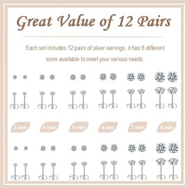 Cutapick 12 Pairs Stud Earrings Set, Hypoallergenic Surgical Stainless Steel 316L Earring for Women Men, Cubic Zirconia, 6 Different Sizes (3, 4, 5, 6, 7, 8 mm), Silver