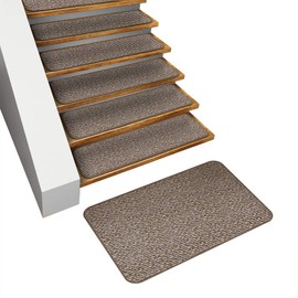 House, Home and More Set of 15 Skid-Resistant Carpet Stair Treads and Matching Landing Rug - Praline Brown