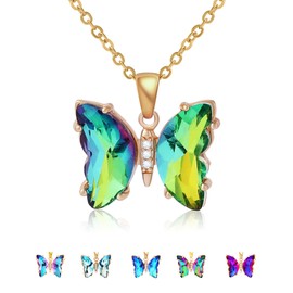 BONJOULRY Butterfly Iridescent Crystal Necklace for Women: Stainless Steel Chain Minimalist Bohemian Dainty Choker Necklaces Aesthetic Butterfly Jewelry Gifts (Gold Plated | Emerald Green)