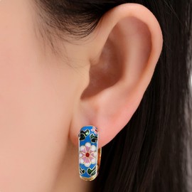 Xerling Vintage Flower Huggie Hoop Earrings Antique Retro Enamel Copper Round Circle Hoop Earrings for Women Girls Gold Statement Loop Earrings (Blue)