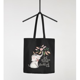 Moonworks® Jute Bag Elephant I Have Nothing to Do Today Except Happy Shopping Bag Fabric Bag Carry Bag Black 2 Long Handles