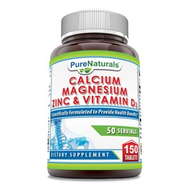 Pure Naturals Calcium Magnesium Zinc Vitamin D3 Supplement | Calcium 1000mg, Magnesium 400mg, Zinc 25mg, Vitamin D3 600 IU | Non-GMO | Gluten Free (150 Tablets)