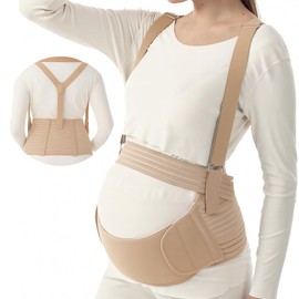 MomTend 5 in 1 Pregnancy Support Belt Adjustable No-Slip Maternity & Postpartum Belly Band Pregnancy Seat Belt with Shoulder Straps for Relieve Back, Pelvic, Hip Pain for Labour & Recovery, Beige Xl