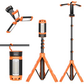 MENDED Portable Camping Light with Tripod Stand 73.2inch Rechargeable Cordless Work Light with 3 LED Lamp Heads for Outdoor Work, Power Outages, Fishing (Orange)
