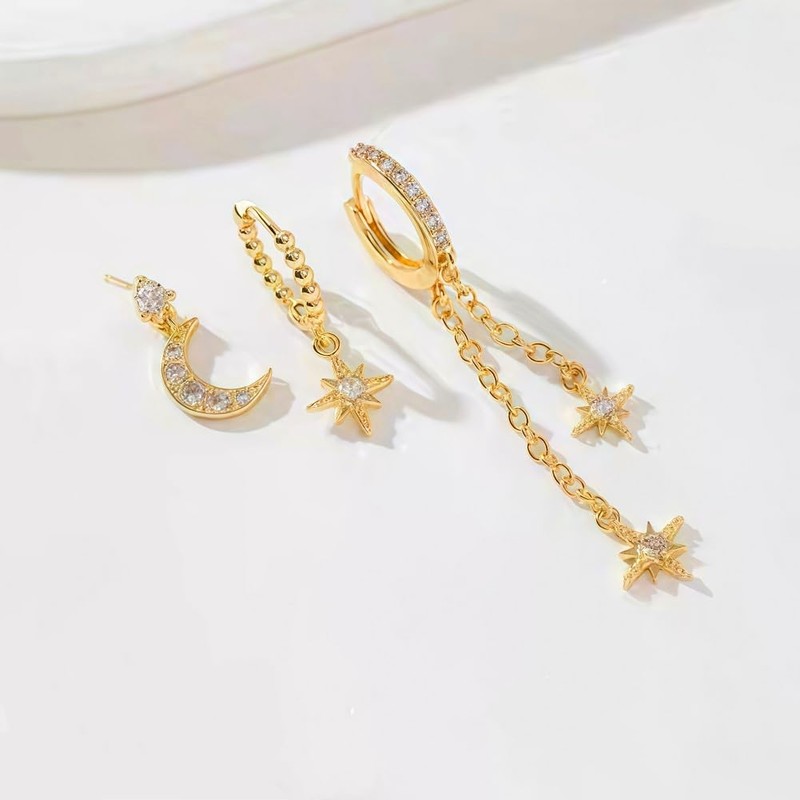 Gold Huggie Hoop Earrings Set with Crystal Moon and Star