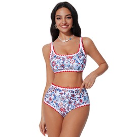 SUUKSESS Women High Waisted Bikini Sets Floral Print Color Block Two Piece Swimsuit Push Up Bathing Suit (Red Floral, M)