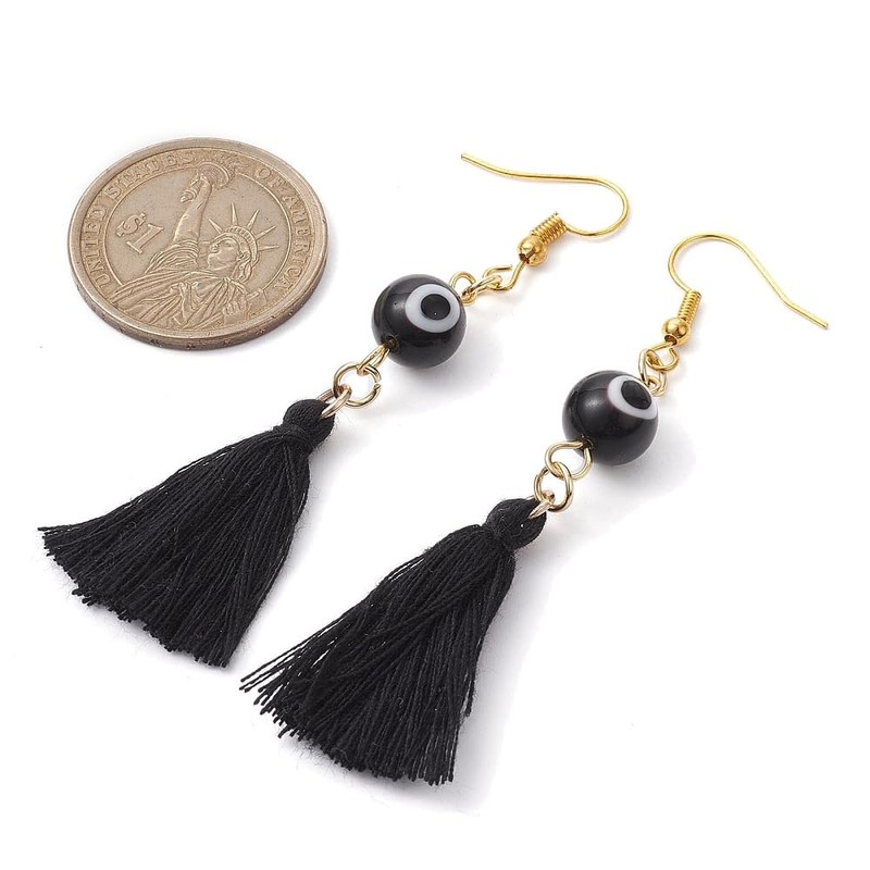 Hemasa Black Colour Evil Eye Lampwork & Tassel Earrings earrings