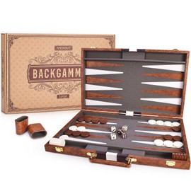 AMEROUS Backgammon Set, 18 Inches Classic Board Game withLeather Case, Folding Board, Gift Package, Portable Travel Strategy Backgammon Game Set for Adults, Kids (Large, Brown)