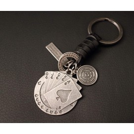AuPra Poker Cards KeyRing Gifts Women & Men Black Leather KeyChain Home Car Door Keys Holder Casino Good Luck Present