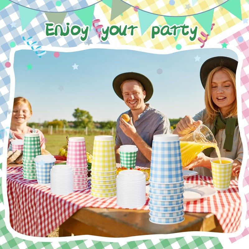 FoldTier 60 Pcs 12 oz Gingham Paper Drinking Cups 4