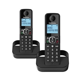 Hellobaby DECT 6.0 - Teléfono inalámbrico con 2 auriculares, rango confiable de 1000 pies, teléfono doméstico inalámbrico con identificador de llamadas/llamada en espera, bloqueo de llamadas, teléfono