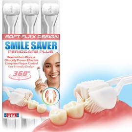 SMILE SAVER 360° | Periocare Plus 3-Sided Toothbrush 3PK | Extra Gentle Gum Massage | Triple Clean + Deep Clean | Built-in Tongue Scraper Made in USA (White Heads - Firm)