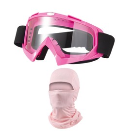 LJDJ Dirt Bike Goggles ATV Off-Road Riding Motorcycle Motocross Glasses with Sun UV Protection Balaclava Full Face Cover (Light Pink/Clear+Mask)