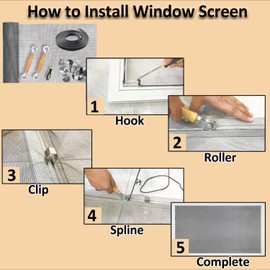 King&Charles Window Screen Door Repair/Replacement Kit, Include Gray Screen Mesh 48"x118"+ 2 Roller+50Ft Spline+8Clips+Hook, 6 in 1 Window Mesh Kit, Steel/Nylon Bearing Roller