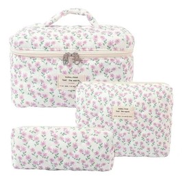 3Pcs Cotton Quited Makeup Bag Set, Quilted Makeup Bag, Large Floral Cosmetic Bag for Women, Cute Cotton Makeup Bags, Flower Travel Toiletry Organizer Bag makeupbag set lip balm - Color: 006
