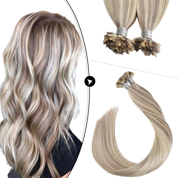 Ugeat Flat Tip Extensions 20inch Pre Bonded Flat Tips Hot Fusion Hair Extensions Piano Color Ash Blonde Mixed with Bleach Blonde 50g 1g/strand Real Human Hair Extensions Flat Tip Hair