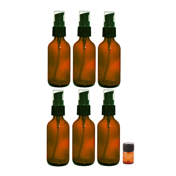 Perfume Studio 6 Piece Set; 2oz Amber Glass Treatment Pump Bottles with a Bonus 2ml Perfume Studio Fragrance Sample (Treatment Pump Bottles)