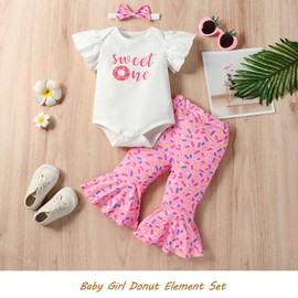 Baby Girl 1st Birthday Outfits Sweet One Romper Top Flared Pants Headband Clothes Set 12-18 Months