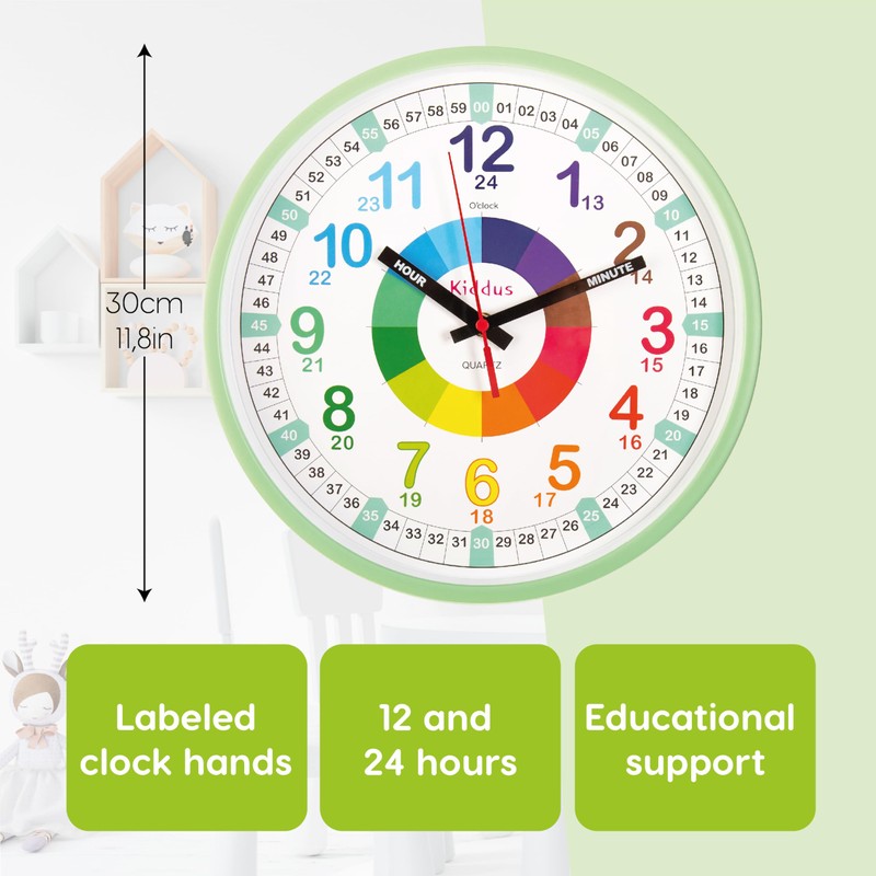 Kiddus Wall Clock for Boys and Girls. Silent Analogue Time