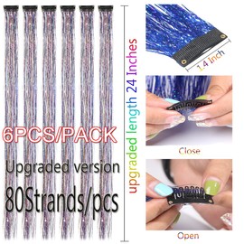 CelineBella Mixed Colors Rainbow Hair Tinsel Clip In Shiny Hair Extensions 80 Strands/Pcs Heat Resistant for Girls Christmas New Year Party