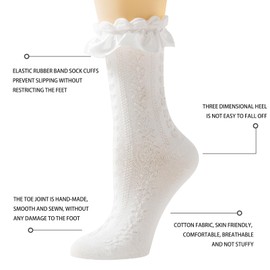 AMHRLINGTO Women Lace Socks Ruffle Frilly Socks - Comfortable Cotton Socks Cute Socks Princess Lolita for Ladies Gril (Cotton, White - 3 pairs)