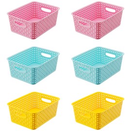 Colorful Small Plastic Storage Woven Baskets, 6 Pack Versatile Shelf Organizer Weave Baskets for Classrooms, Children's Rooms & Pantries, Pink/Yellow/Blue-10x7.5x4 inch