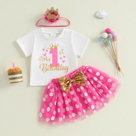 BULINGNA Toddler Girl Birthday Outfit Number Print T-shirt + Bow Tutu Skirt + Crown Headband Infant Baby Girl Skirt Set (Happy 1st Birthday, 12-18 Months)