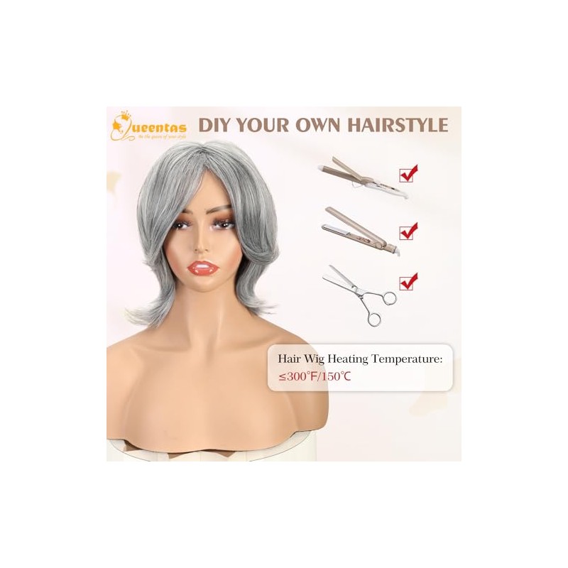 QUEENTAS Peluca Gris De 30 Cm Para Mujer, Color Gris