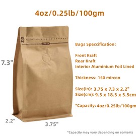4 Ounce 50 Packs High Barrier Kraft Paper Coffee Bags, Stand Up/Flat Bottom Coffee Pouches with Air Release Valve & Reusable Pull Tab Side Zipper (50 Pieces, 4oz/0.25lb/100gm)
