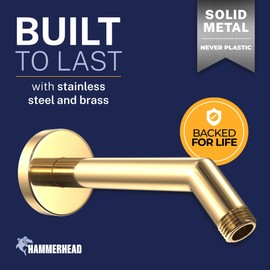 HammerHead® Solid Metal Shower Arm and Flange - 7.5 Inch 304 Stainless Steel Extension Pipe - Universal Shower Head Arm with Flange and Locking Screw, Polished Brass