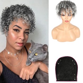 CINHOO Gray Curly Hair Topper for Thinning Hair ponytail with Bangs for Black Women,Clip on Ponytails Hair Piece Salt and Pepper Hair Extensions Toupee for Women,Men(1B/Gray)